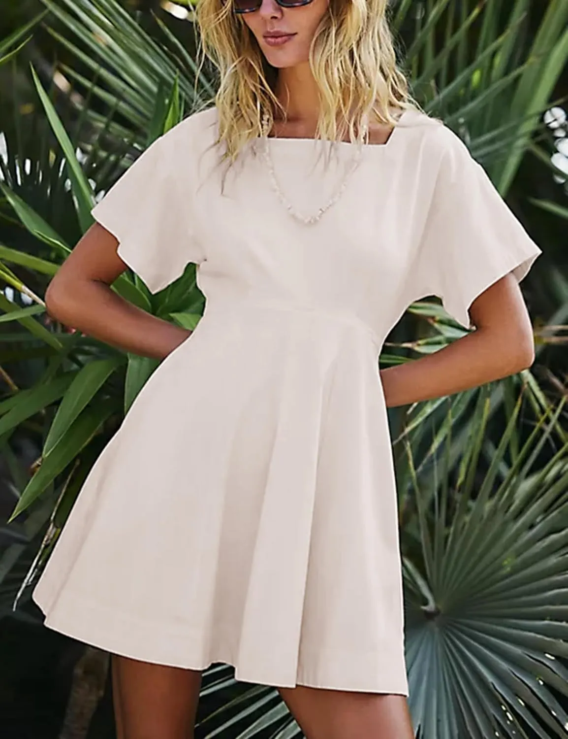 Women's A-Line Short Sleeve Summer Casual Mini Dress Button Back Square Neck Oversized Dresses