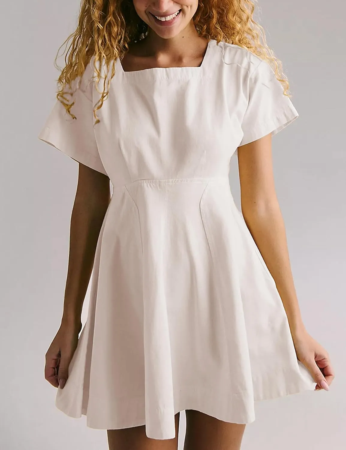 Women's A-Line Short Sleeve Summer Casual Mini Dress Button Back Square Neck Oversized Dresses
