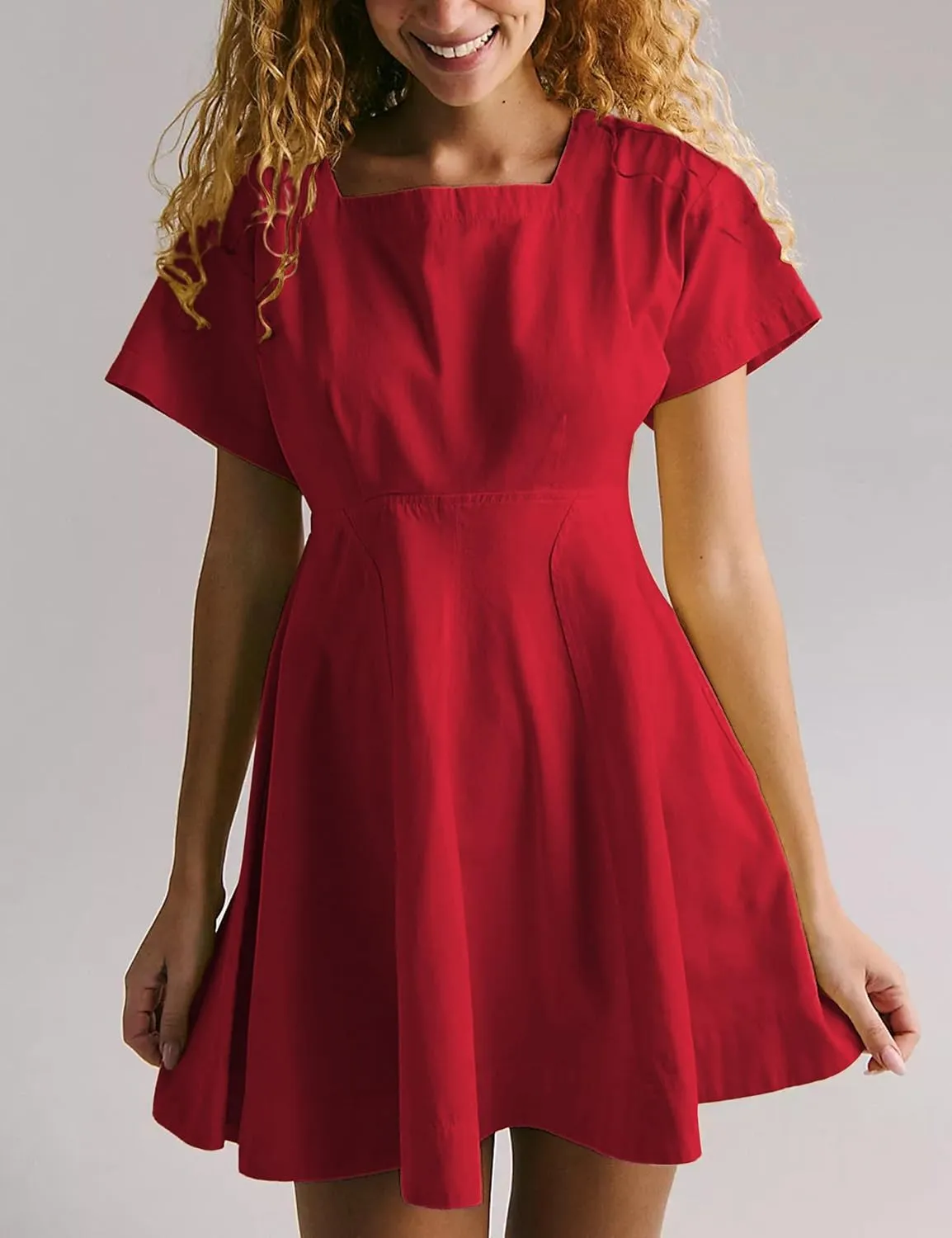 Women's A-Line Short Sleeve Summer Casual Mini Dress Button Back Square Neck Oversized Dresses