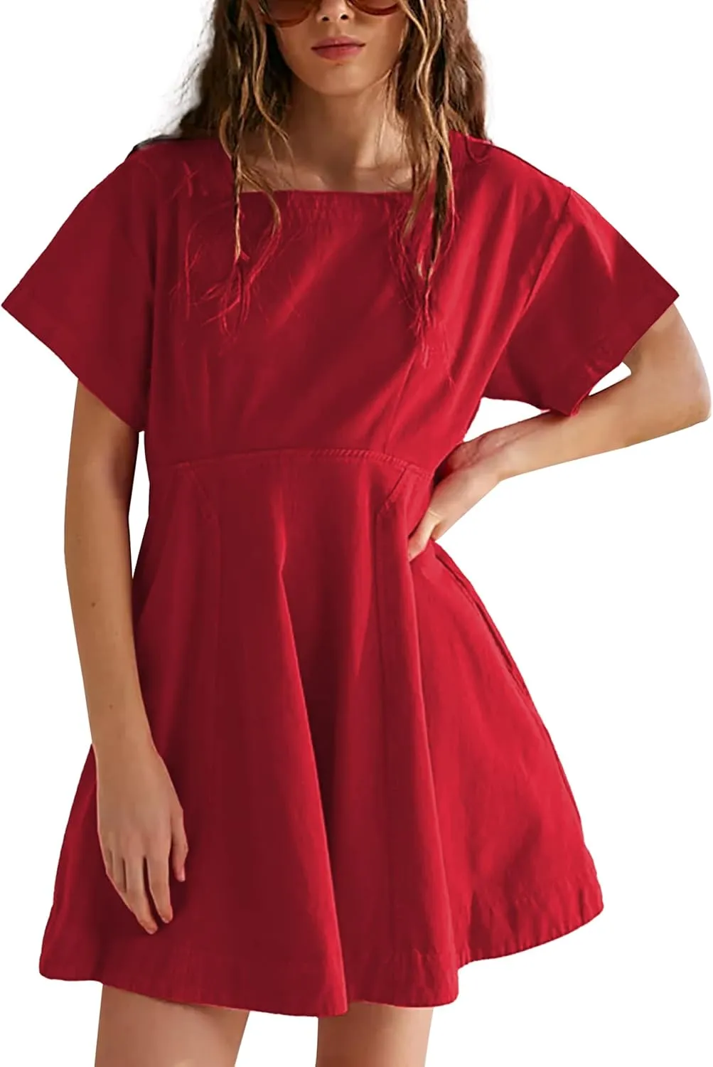 Women's A-Line Short Sleeve Summer Casual Mini Dress Button Back Square Neck Oversized Dresses