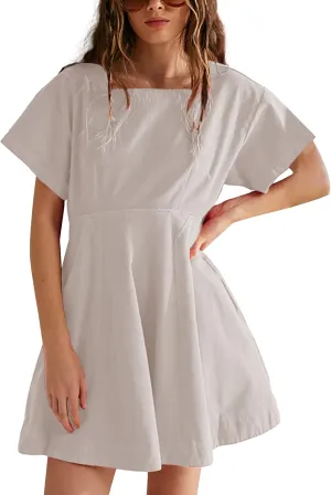 Women's A-Line Short Sleeve Summer Casual Mini Dress Button Back Square Neck Oversized Dresses