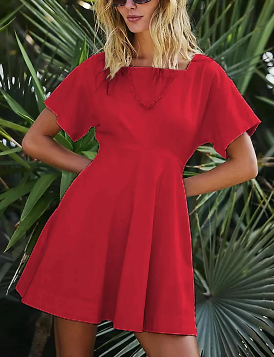 Women's A-Line Short Sleeve Summer Casual Mini Dress Button Back Square Neck Oversized Dresses