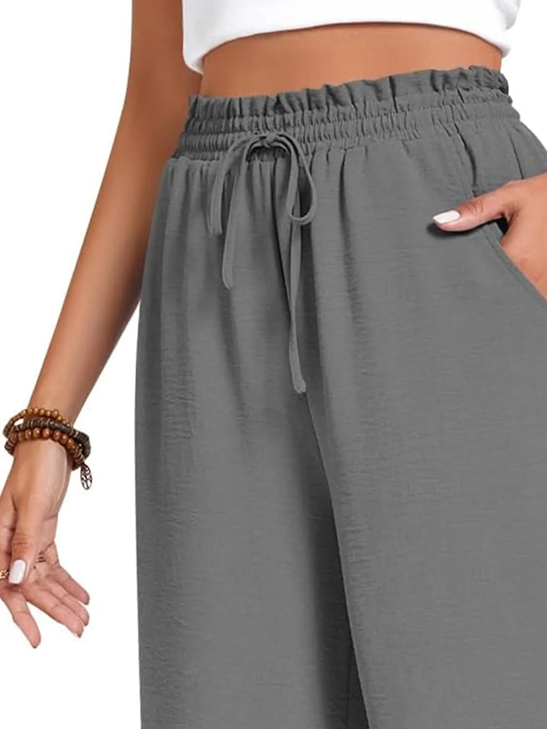 Womens Capri Pants Wide Leg High Waisted Lounge Pants Drawstring Casual Loose Palazzo Pants Trousers with Pockets