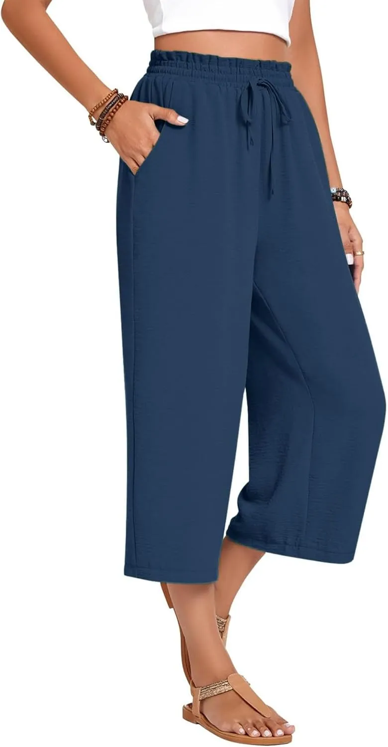 Womens Capri Pants Wide Leg High Waisted Lounge Pants Drawstring Casual Loose Palazzo Pants Trousers with Pockets