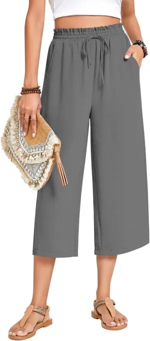 Womens Capri Pants Wide Leg High Waisted Lounge Pants Drawstring Casual Loose Palazzo Pants Trousers with Pockets