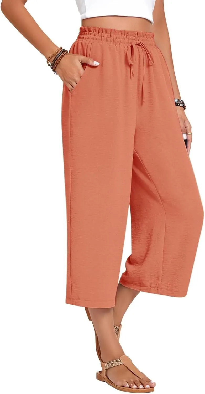Womens Capri Pants Wide Leg High Waisted Lounge Pants Drawstring Casual Loose Palazzo Pants Trousers with Pockets