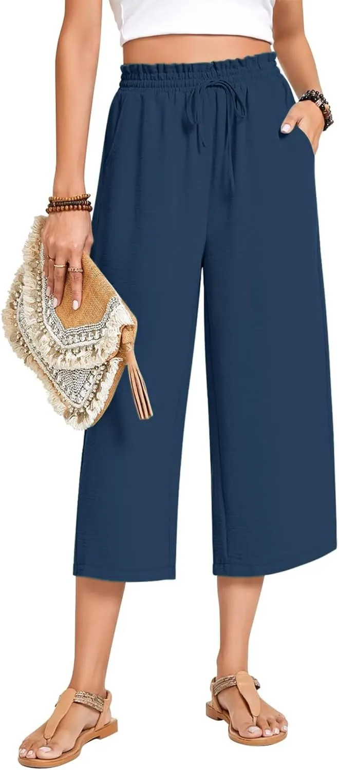 Womens Capri Pants Wide Leg High Waisted Lounge Pants Drawstring Casual Loose Palazzo Pants Trousers with Pockets