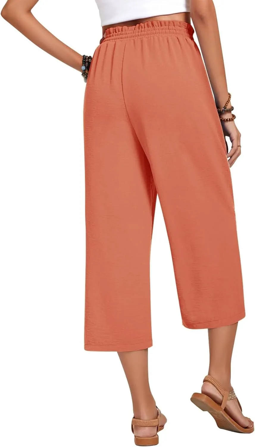 Womens Capri Pants Wide Leg High Waisted Lounge Pants Drawstring Casual Loose Palazzo Pants Trousers with Pockets