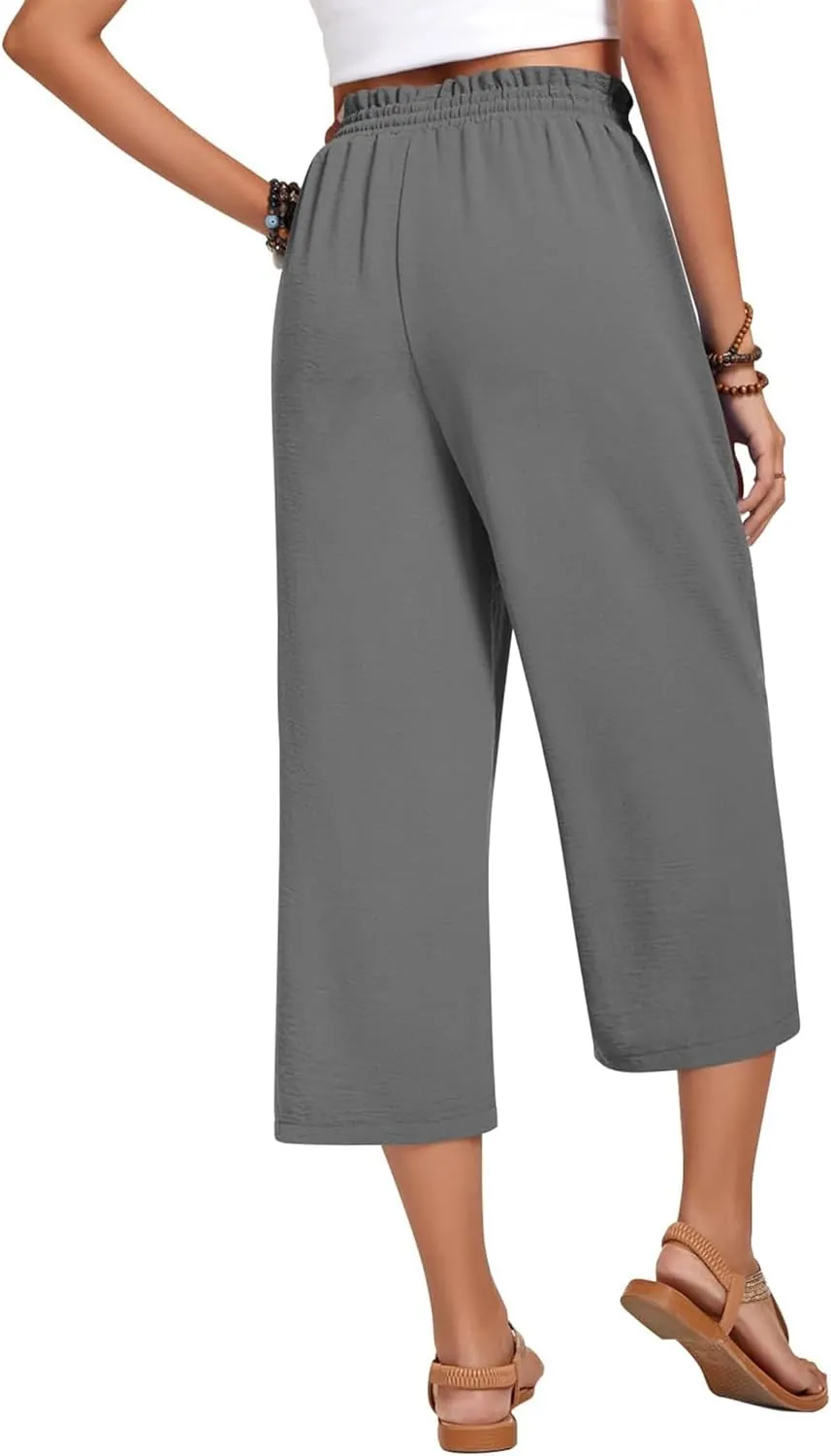 Womens Capri Pants Wide Leg High Waisted Lounge Pants Drawstring Casual Loose Palazzo Pants Trousers with Pockets