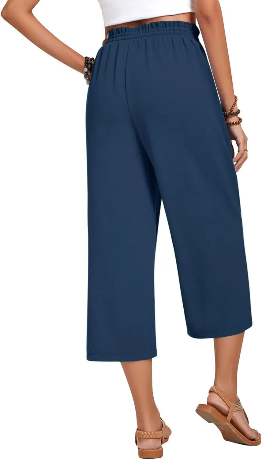 Womens Capri Pants Wide Leg High Waisted Lounge Pants Drawstring Casual Loose Palazzo Pants Trousers with Pockets