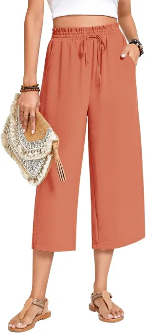 Womens Capri Pants Wide Leg High Waisted Lounge Pants Drawstring Casual Loose Palazzo Pants Trousers with Pockets