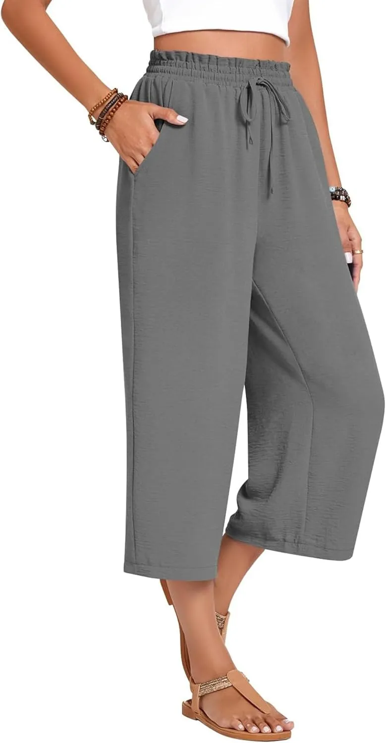 Womens Capri Pants Wide Leg High Waisted Lounge Pants Drawstring Casual Loose Palazzo Pants Trousers with Pockets