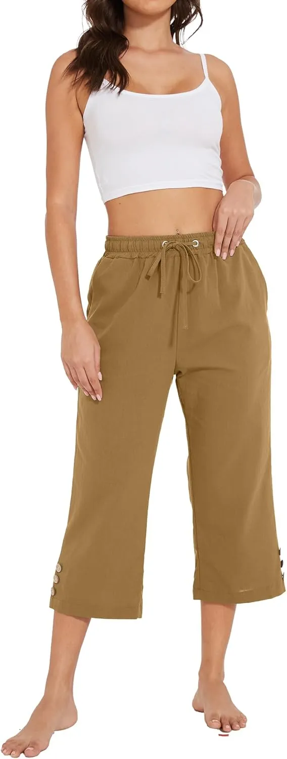 Womens Capris Pants High Waist Drawstring Comfy Casual Pants Lightweight Loose Trousers Buttons Trim with Pockets