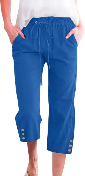 Womens Capris Pants High Waist Drawstring Comfy Casual Pants Lightweight Loose Trousers Buttons Trim with Pockets