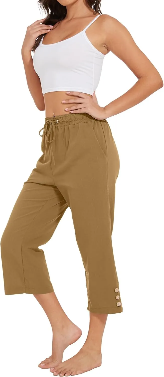 Womens Capris Pants High Waist Drawstring Comfy Casual Pants Lightweight Loose Trousers Buttons Trim with Pockets