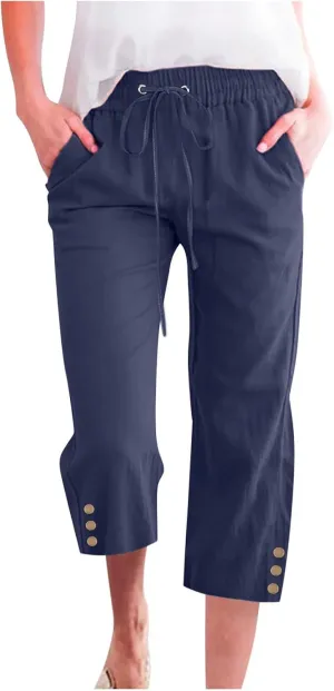 Womens Capris Pants High Waist Drawstring Comfy Casual Pants Lightweight Loose Trousers Buttons Trim with Pockets