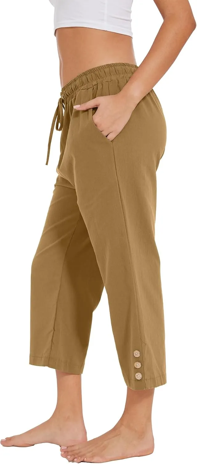 Womens Capris Pants High Waist Drawstring Comfy Casual Pants Lightweight Loose Trousers Buttons Trim with Pockets