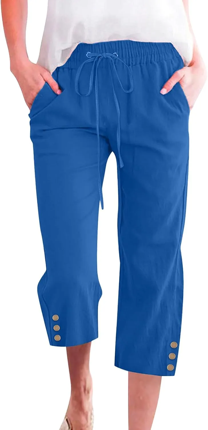 Womens Capris Pants High Waist Drawstring Comfy Casual Pants Lightweight Loose Trousers Buttons Trim with Pockets