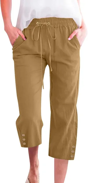 Womens Capris Pants High Waist Drawstring Comfy Casual Pants Lightweight Loose Trousers Buttons Trim with Pockets