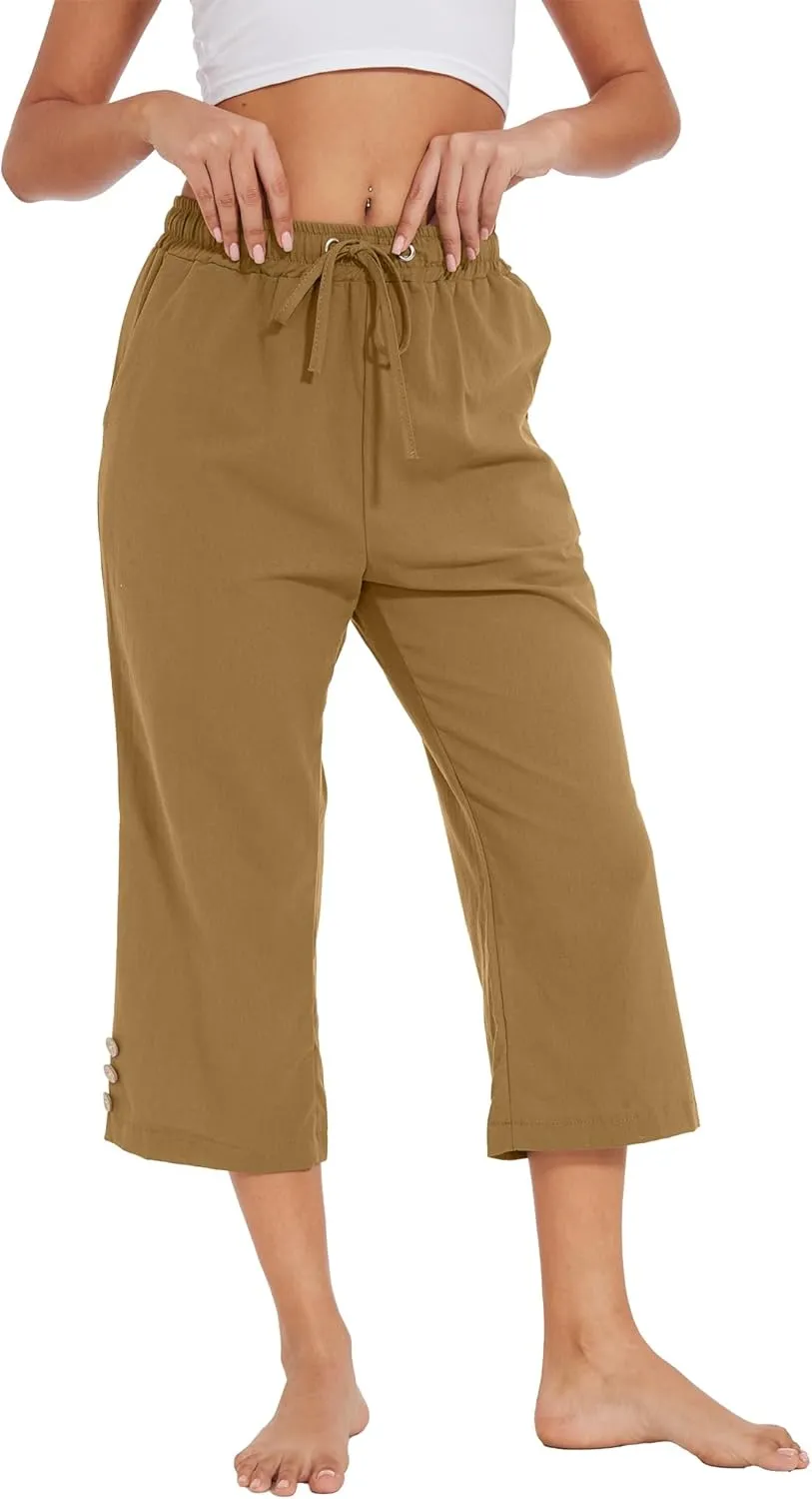 Womens Capris Pants High Waist Drawstring Comfy Casual Pants Lightweight Loose Trousers Buttons Trim with Pockets