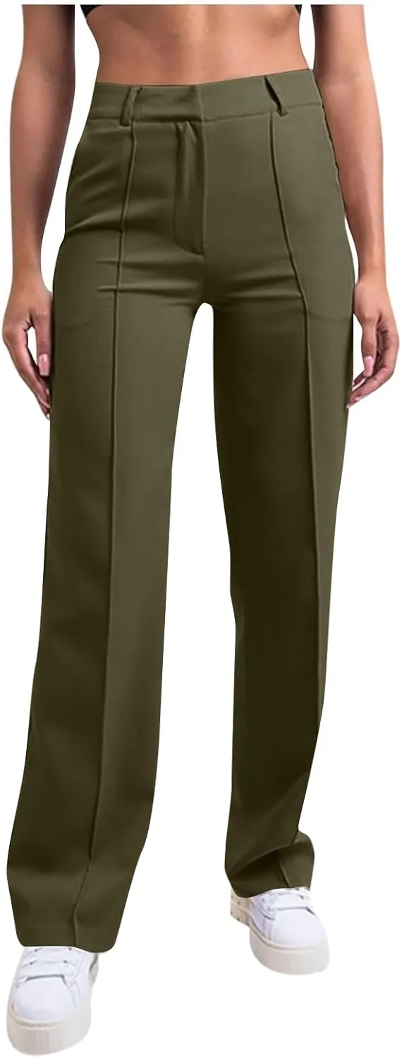 Womens Casual High Waist Straight Leg Ankle Business Dress Pants Stretchy Button Business Dress Work Pocket Trousers
