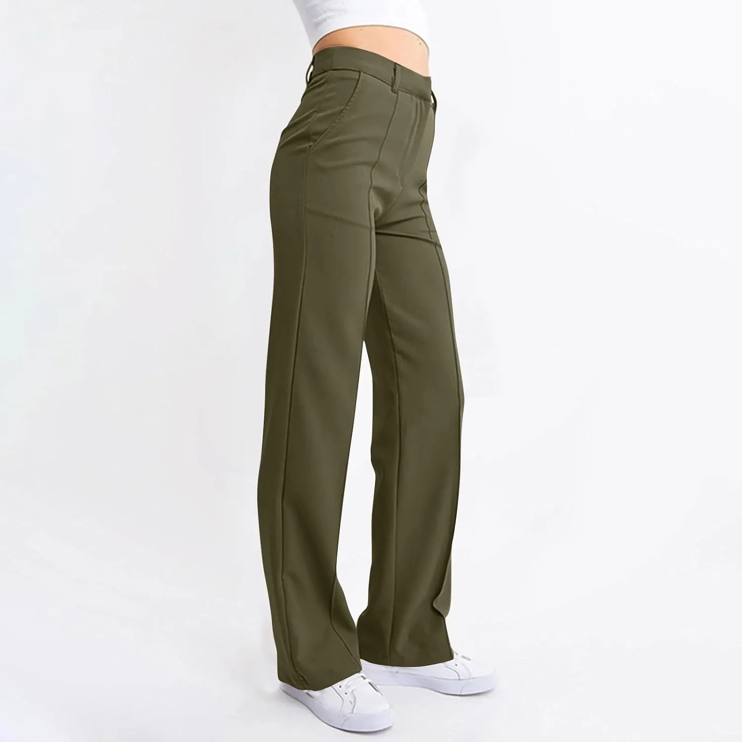 Womens Casual High Waist Straight Leg Ankle Business Dress Pants Stretchy Button Business Dress Work Pocket Trousers