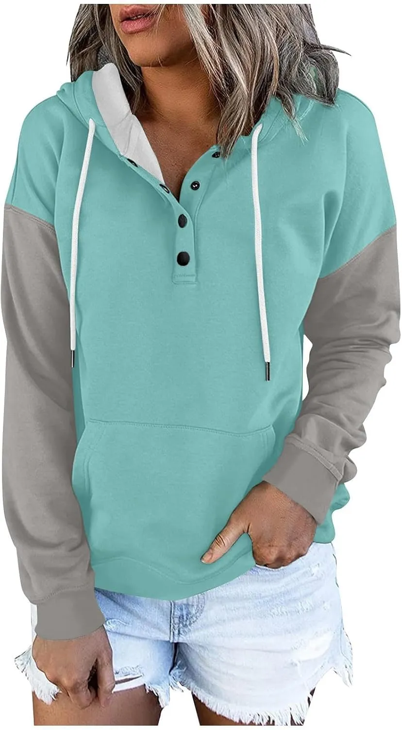 Women's Casual Oversized Hoodies Color Block Long Sleeve Sweatshirt Drawstring Hooded Large Pocket Pullover Top