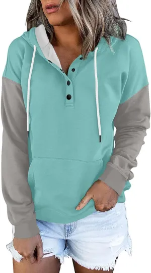 Women's Casual Oversized Hoodies Color Block Long Sleeve Sweatshirt Drawstring Hooded Large Pocket Pullover Top