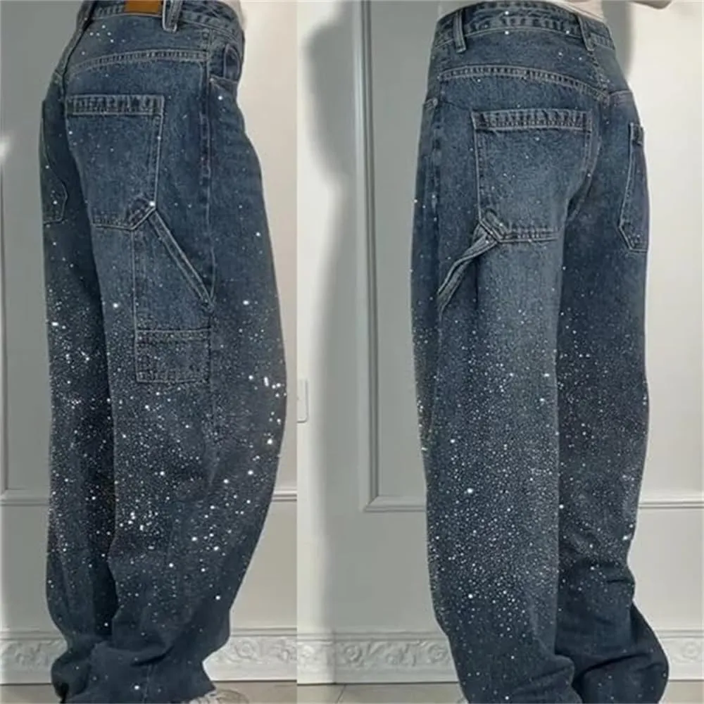 Women's Casual Rhinestone Loose Harem Jeans, High Waisted Straight Wide Leg Pants, Rhinestone Denim Pants for Women