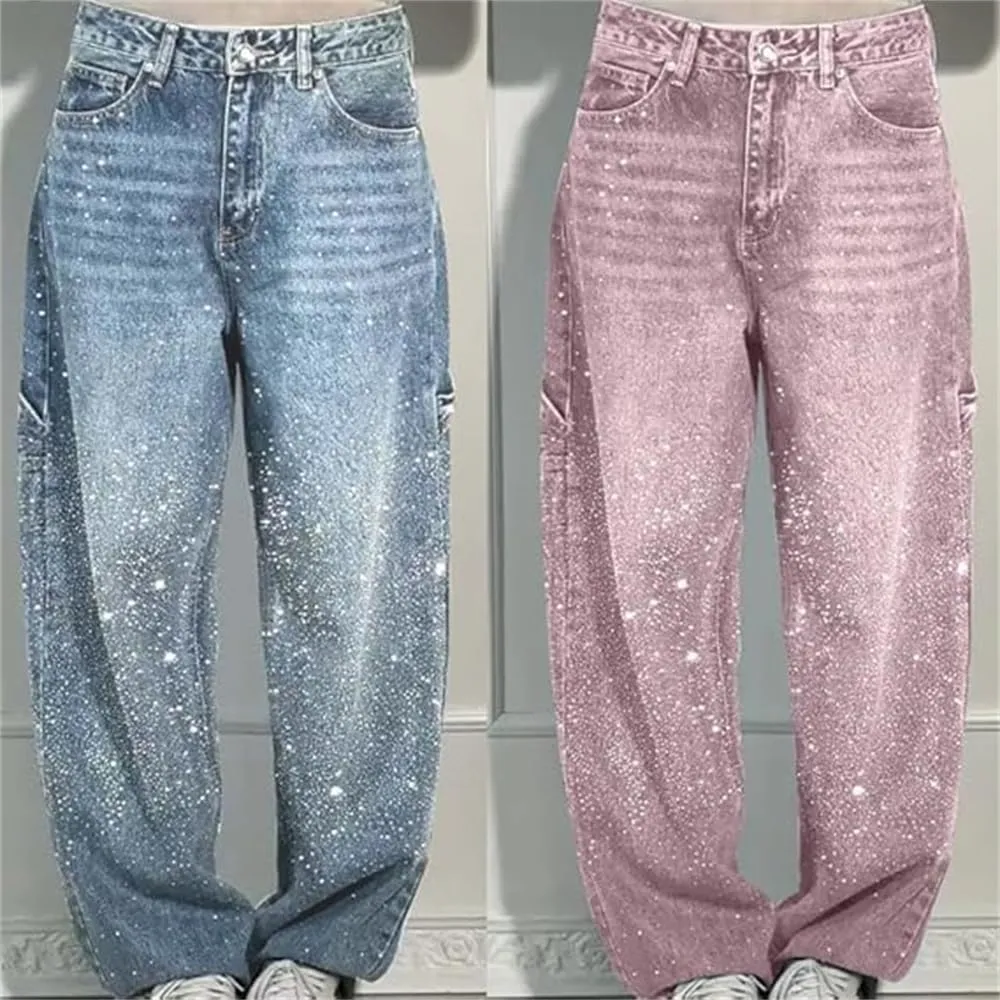 Women's Casual Rhinestone Loose Harem Jeans, High Waisted Straight Wide Leg Pants, Rhinestone Denim Pants for Women
