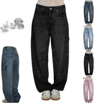 Women's Casual Rhinestone Loose Harem Jeans, High Waisted Straight Wide Leg Pants, Rhinestone Denim Pants for Women
