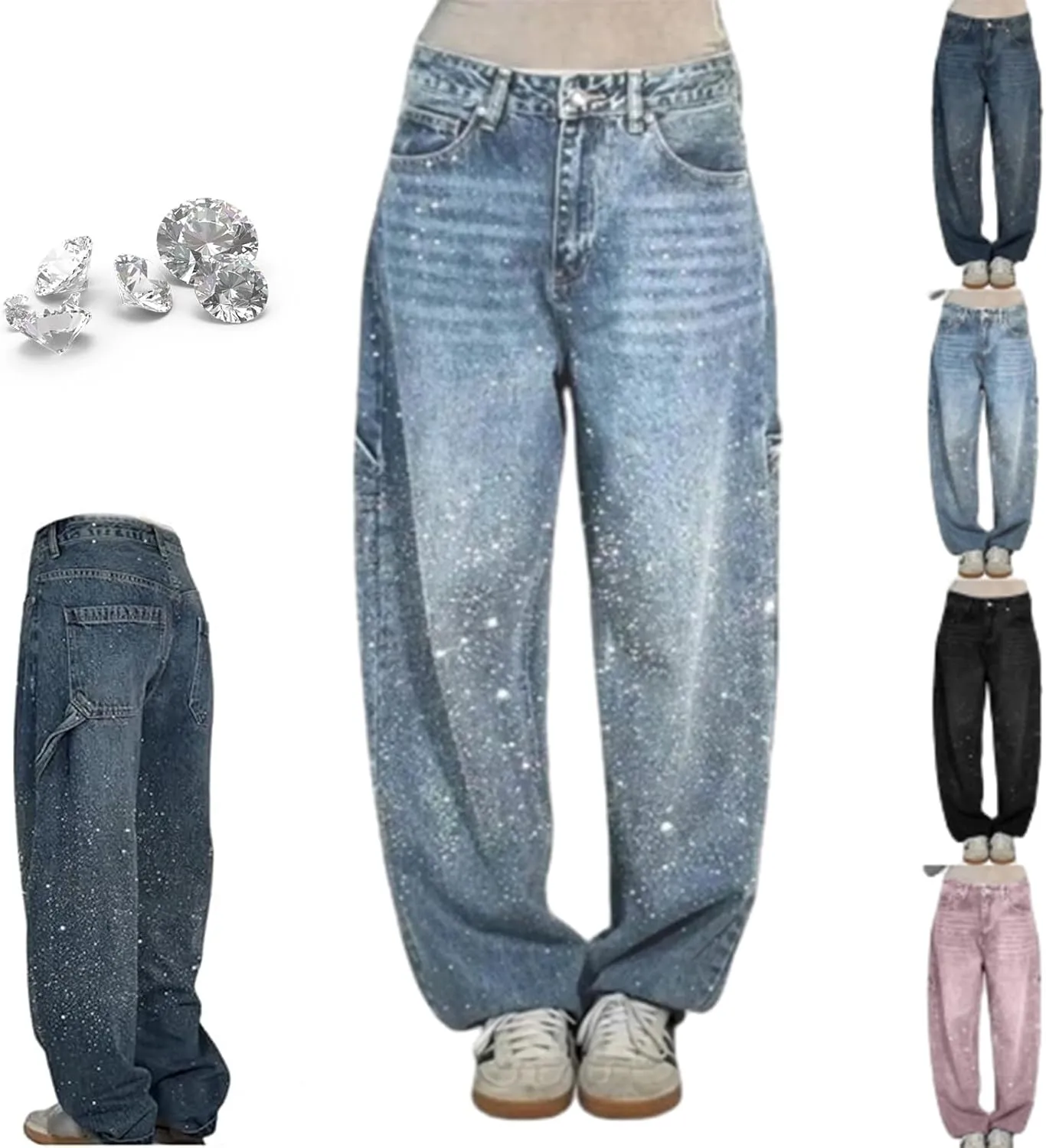 Women's Casual Rhinestone Loose Harem Jeans, High Waisted Straight Wide Leg Pants, Rhinestone Denim Pants for Women