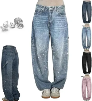 Women's Casual Rhinestone Loose Harem Jeans, High Waisted Straight Wide Leg Pants, Rhinestone Denim Pants for Women