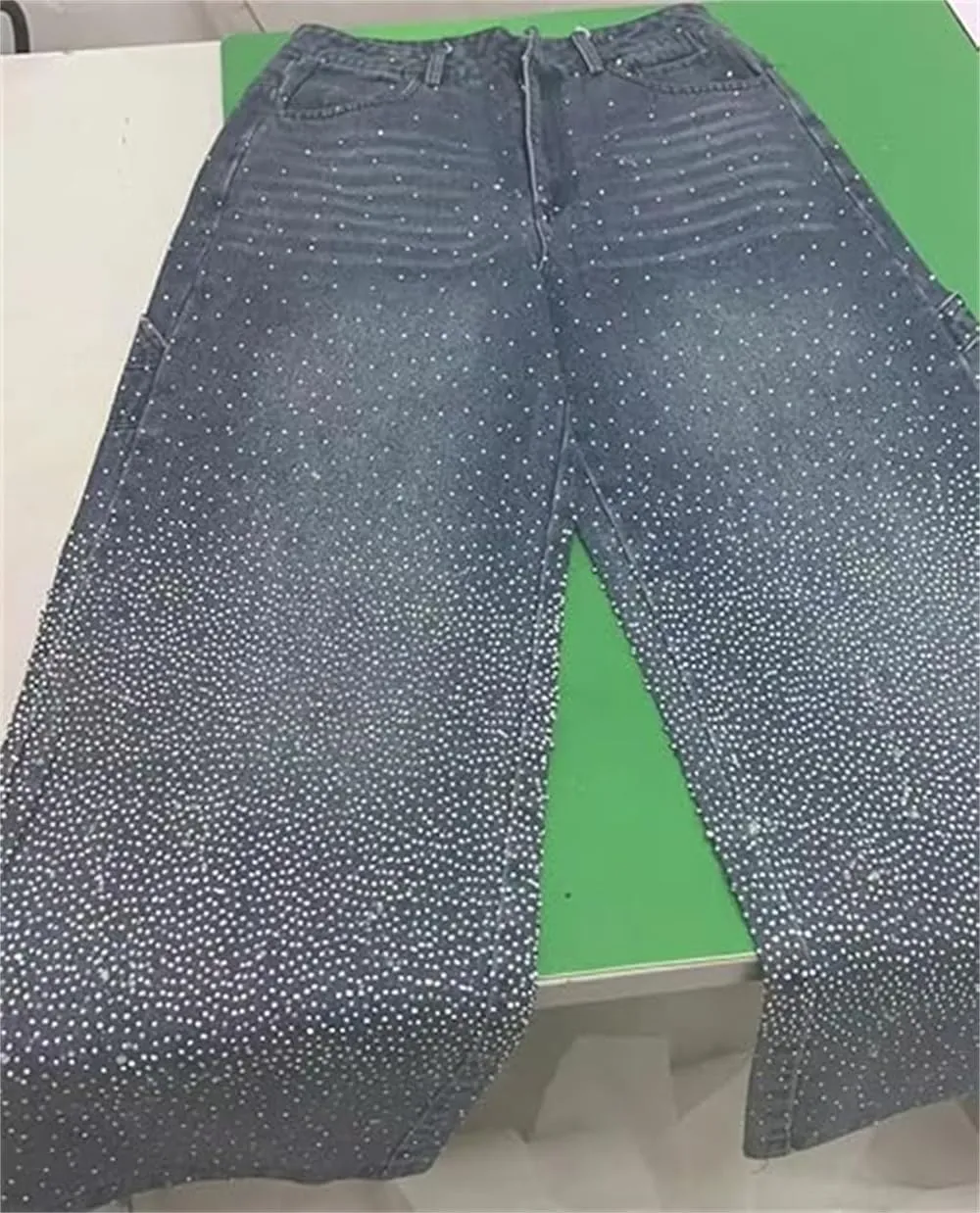 Women's Casual Rhinestone Loose Harem Jeans, High Waisted Straight Wide Leg Pants, Rhinestone Denim Pants for Women