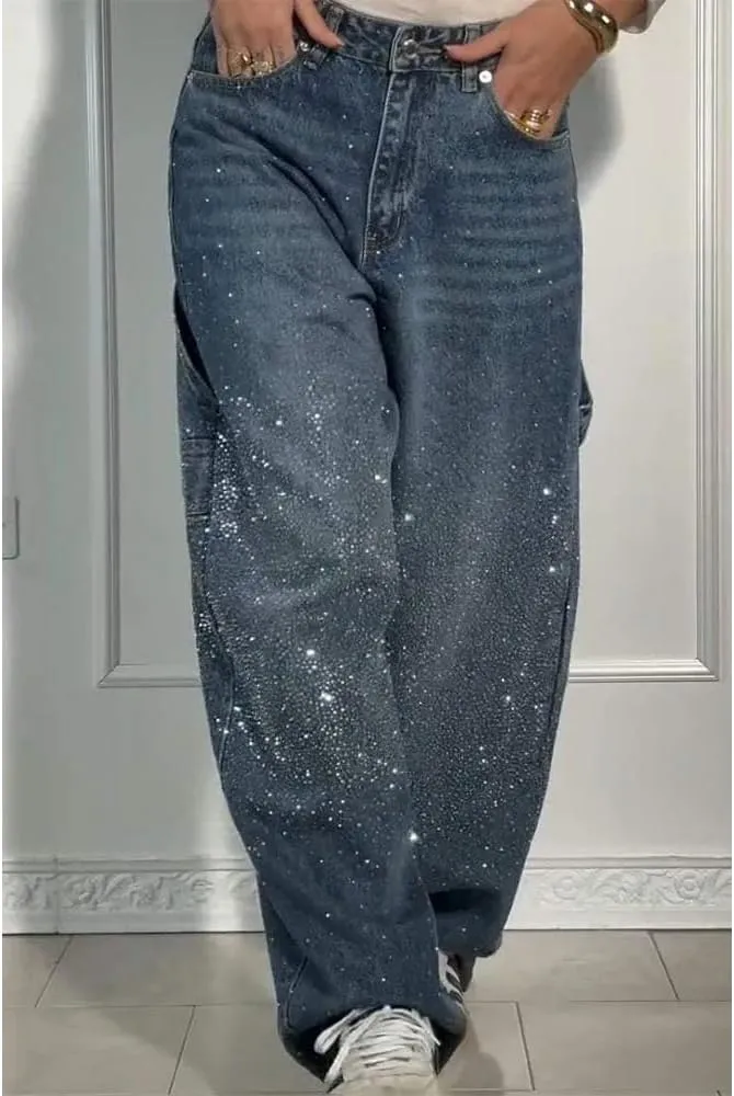 Women's Casual Rhinestone Loose Harem Jeans, High Waisted Straight Wide Leg Pants, Rhinestone Denim Pants for Women