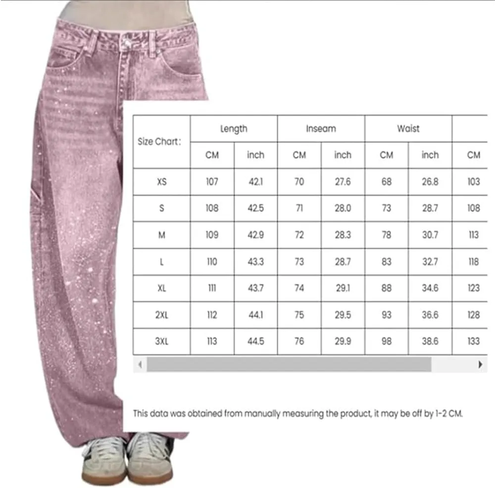 Women's Casual Rhinestone Loose Harem Jeans, High Waisted Straight Wide Leg Pants, Rhinestone Denim Pants for Women