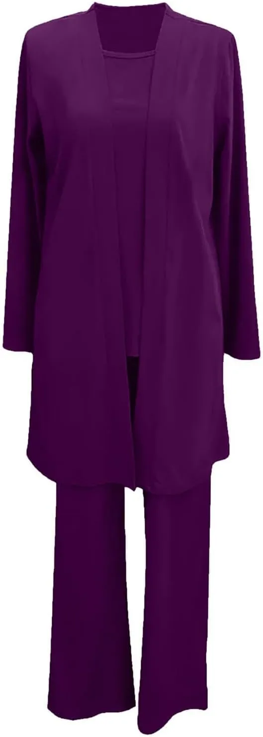 Womens Chiffon 3 Piece Outfit Sets Solid Formal Wide Leg Pant Suits Dressy Wedding Guest Pantsuits