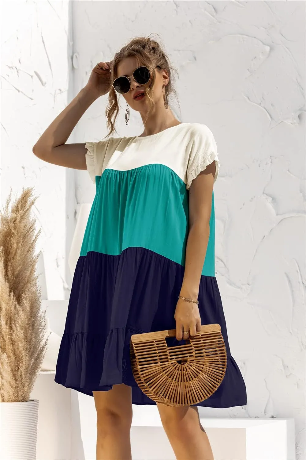 Women's Colorblock Short Sleeve Loose Fit Tiered Ruffle Pleated Baby Doll Mini Dress