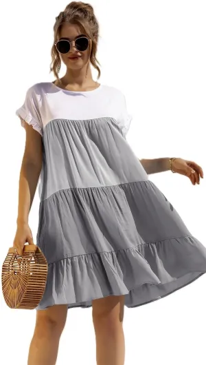 Women's Colorblock Short Sleeve Loose Fit Tiered Ruffle Pleated Baby Doll Mini Dress