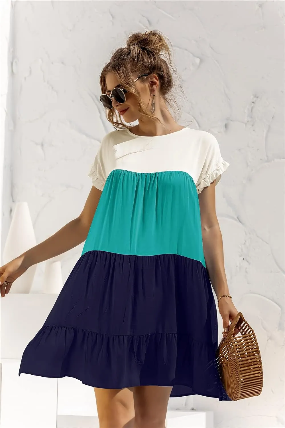Women's Colorblock Short Sleeve Loose Fit Tiered Ruffle Pleated Baby Doll Mini Dress