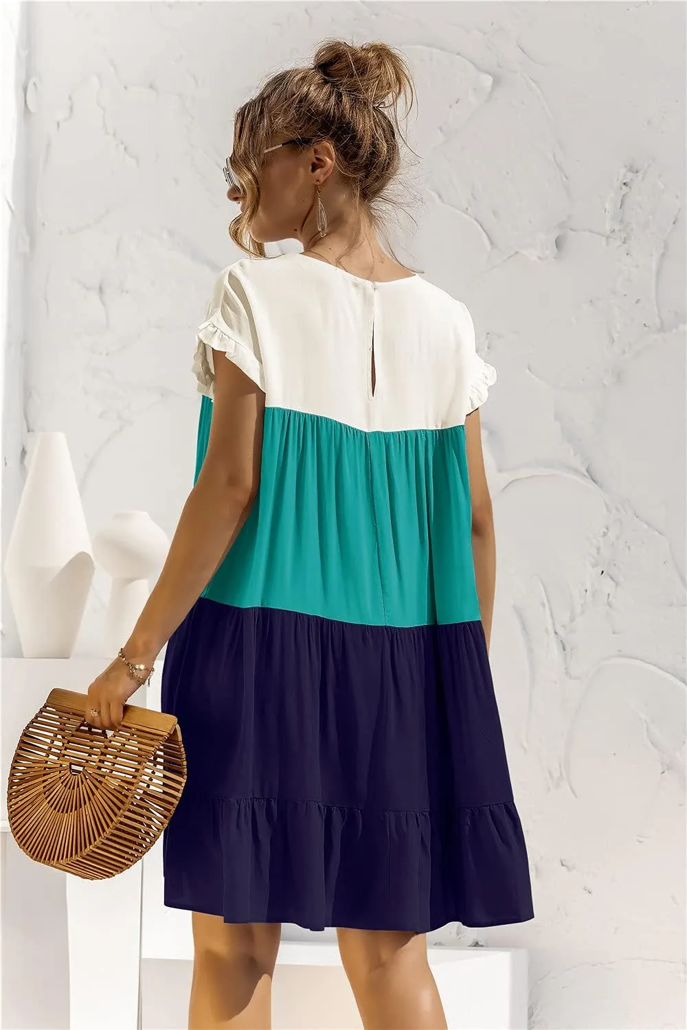 Women's Colorblock Short Sleeve Loose Fit Tiered Ruffle Pleated Baby Doll Mini Dress