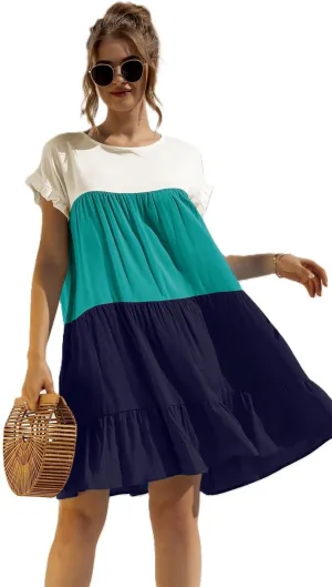 Women's Colorblock Short Sleeve Loose Fit Tiered Ruffle Pleated Baby Doll Mini Dress