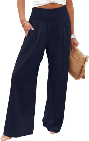 Women's Cotton Linen Pants Dressy Casual Elastic High Waist Drawstring Pants Wide Leg Lounge Yoga Trousers