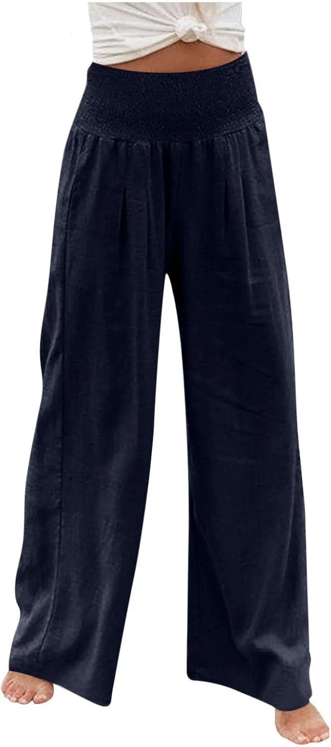 Women's Cotton Linen Pants Dressy Casual Elastic High Waist Drawstring Pants Wide Leg Lounge Yoga Trousers