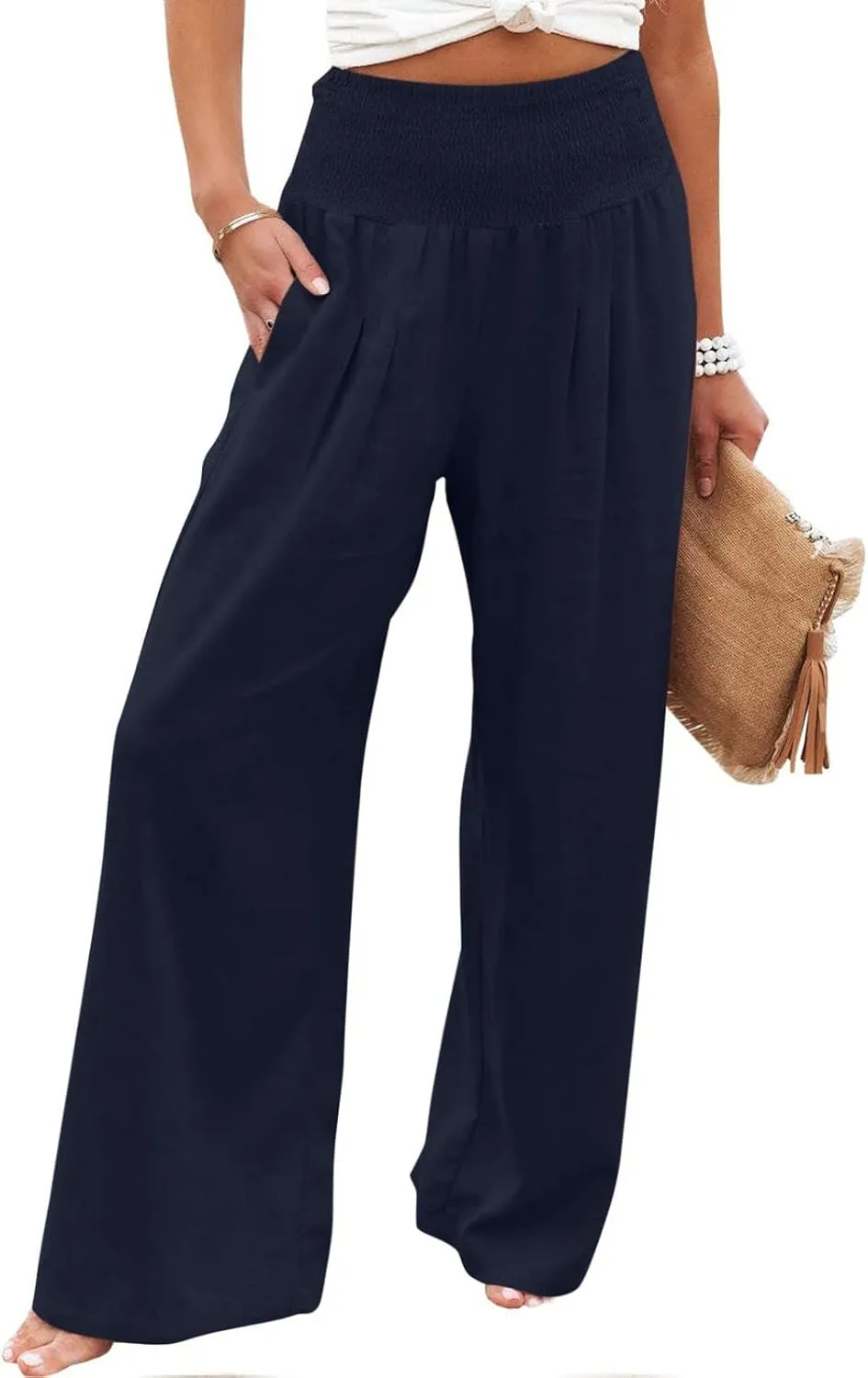 Women's Cotton Linen Pants Dressy Casual Elastic High Waist Drawstring Pants Wide Leg Lounge Yoga Trousers