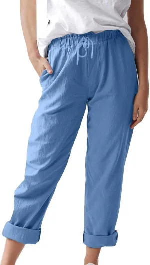 Womens Cotton Linen Straight Leg Pants Summer Drawstring Elastic High Waist Pants Casual Trousers with Pockets