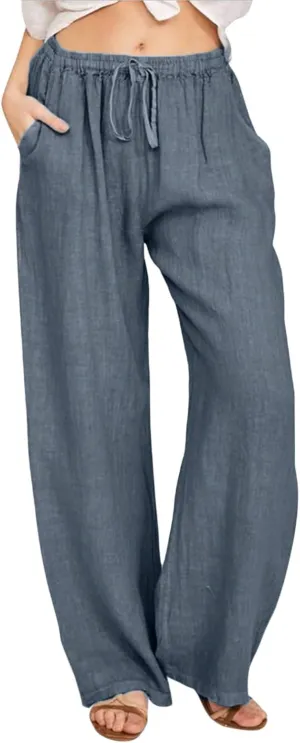 Women's Cotton Linen Summer High Waist Straight Leg Pants Comfy Solid Color Cotton Lounge Pants Loose Trousers with Pocket