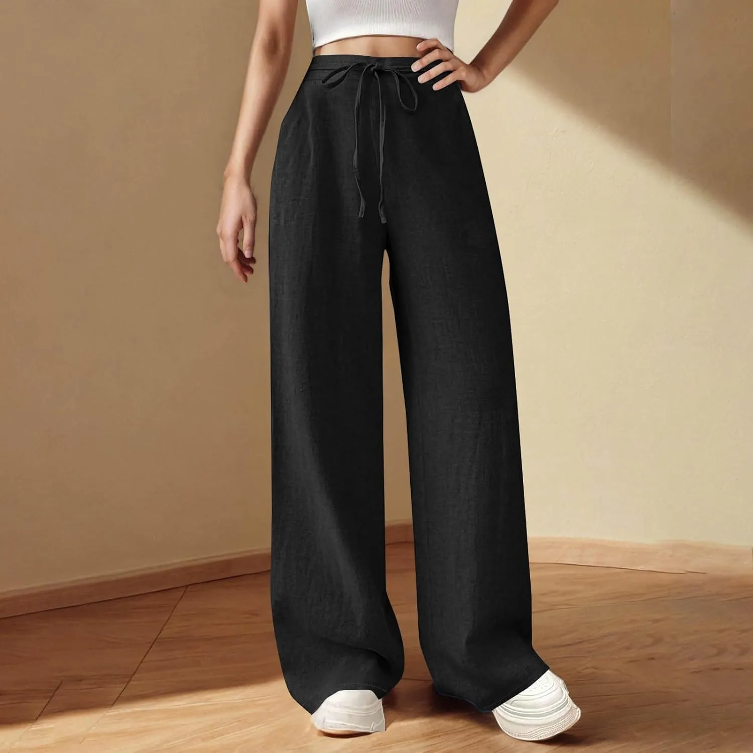Womens Cotton Linen Wide Leg Pants Elastic High Waist Tie Knot Beach Casual Trousers Lightweight Straight Leg Pant