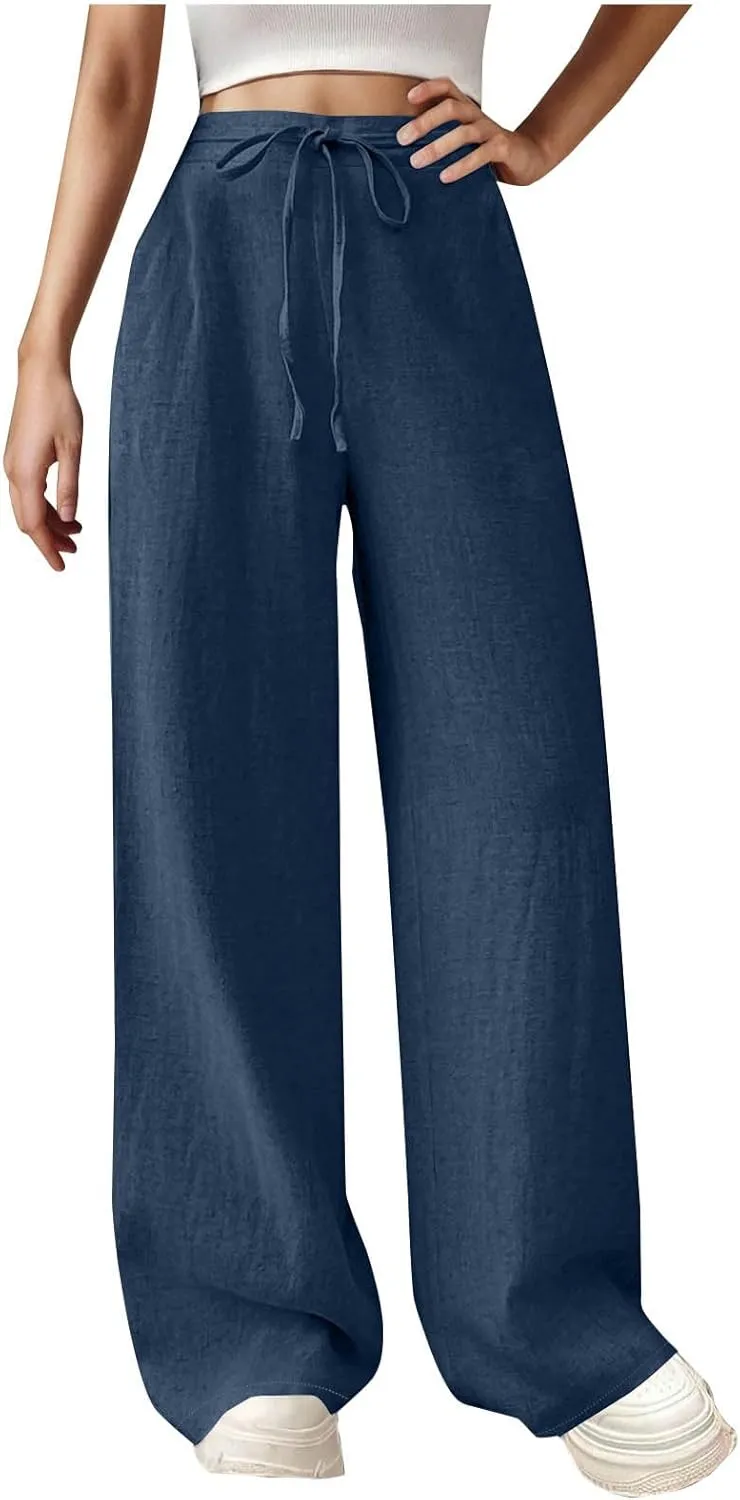 Womens Cotton Linen Wide Leg Pants Elastic High Waist Tie Knot Beach Casual Trousers Lightweight Straight Leg Pant
