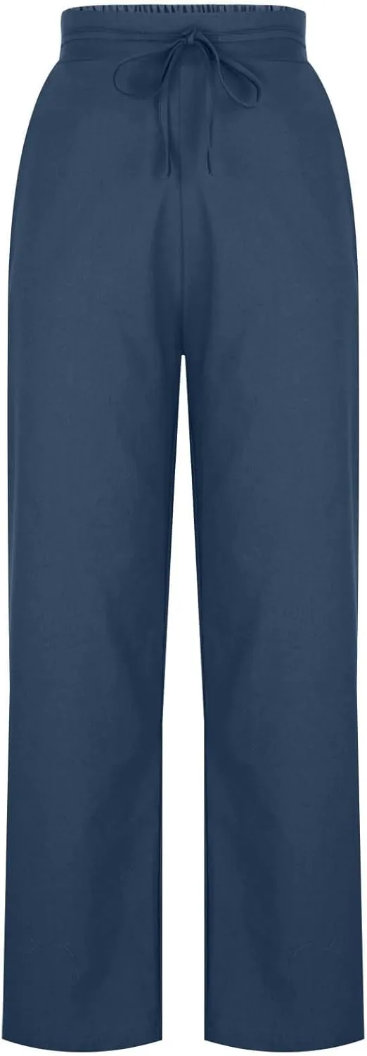 Womens Cotton Linen Wide Leg Pants Elastic High Waist Tie Knot Beach Casual Trousers Lightweight Straight Leg Pant